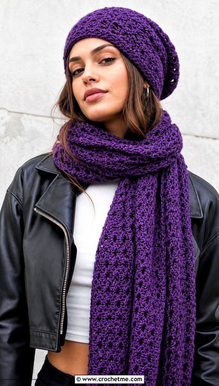 Slouchy Crochet Beanie And Long Scarf Set With Leather Jacket - 30 crochet beanie and scarf set outfit ideas