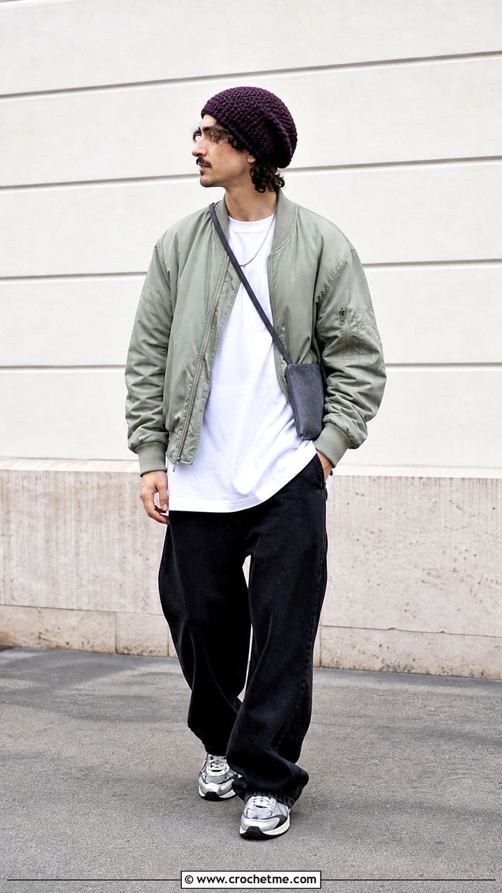 Slouchy Crochet Beanie With Bomber Jacket And Wide Jeans - 35 crochet hat for men outfit ideas