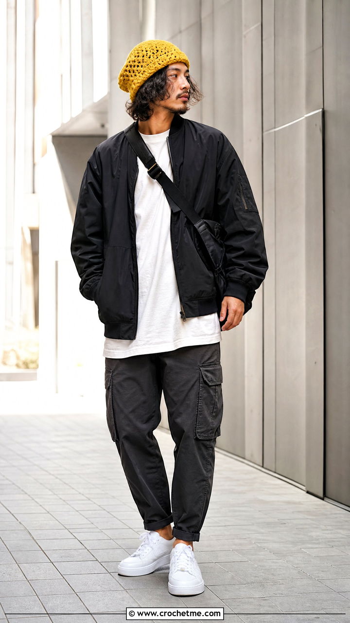 Slouchy Crochet Beanie With Bomber Jacket - 35 men's crochet beanie outfit ideas