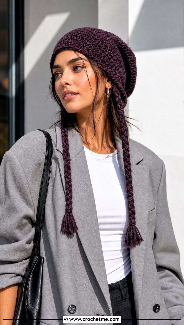 Slouchy Crochet Beanie With Braided Tassels And Blazer - 30 crochet hat with braids outfit ideas
