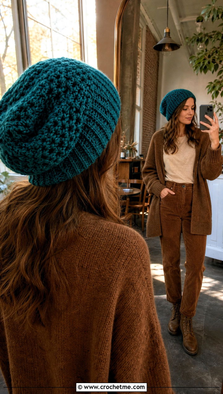 Slouchy Crochet Beanie With Cardigan And Corduroy Pants - 25 Taylor Swift Crochet Hat outfit ideas