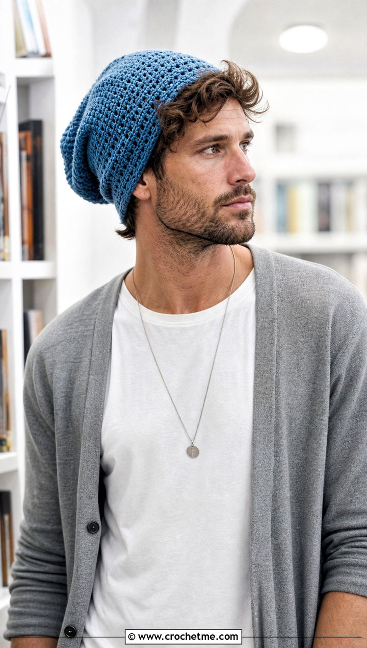 Slouchy Crochet Beanie With Cardigan And Relaxed Trousers - 30 men's crochet hats outfit ideas