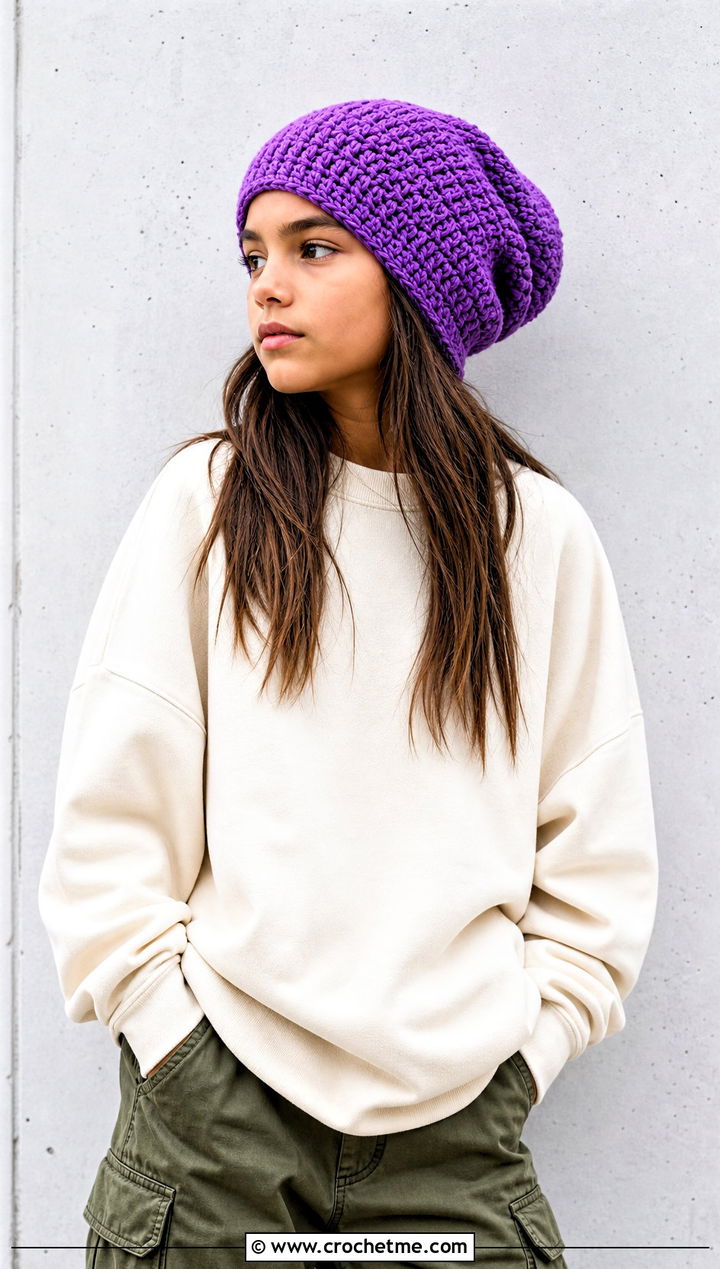 Slouchy Crochet Beanie With Cargo Pants - 25 crochet childs hat outfit ideas