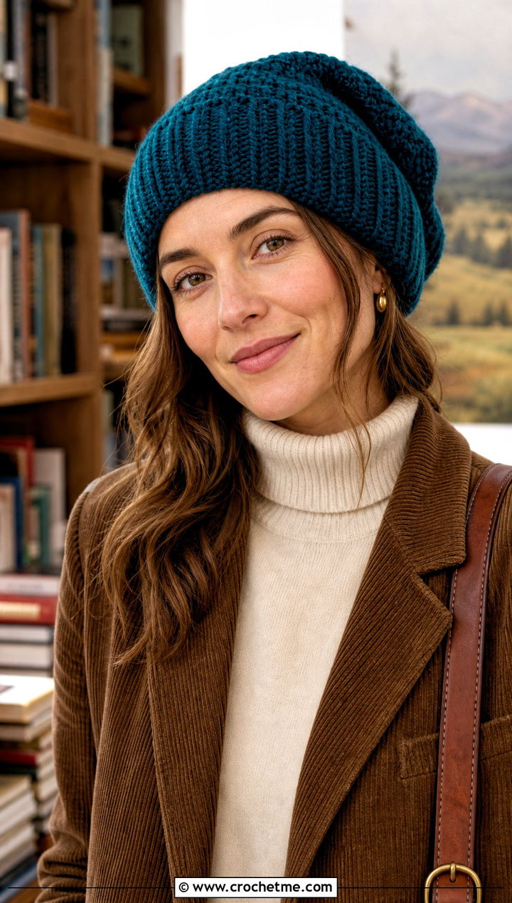Slouchy Crochet Beanie With Corduroy Blazer - 25 country cottage crochet beanie outfit ideas