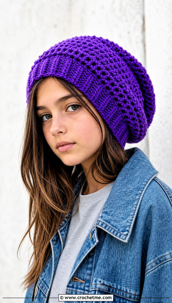 Slouchy Crochet Beanie With Denim Jacket - 15 Childs Crochet Hat outfit ideas