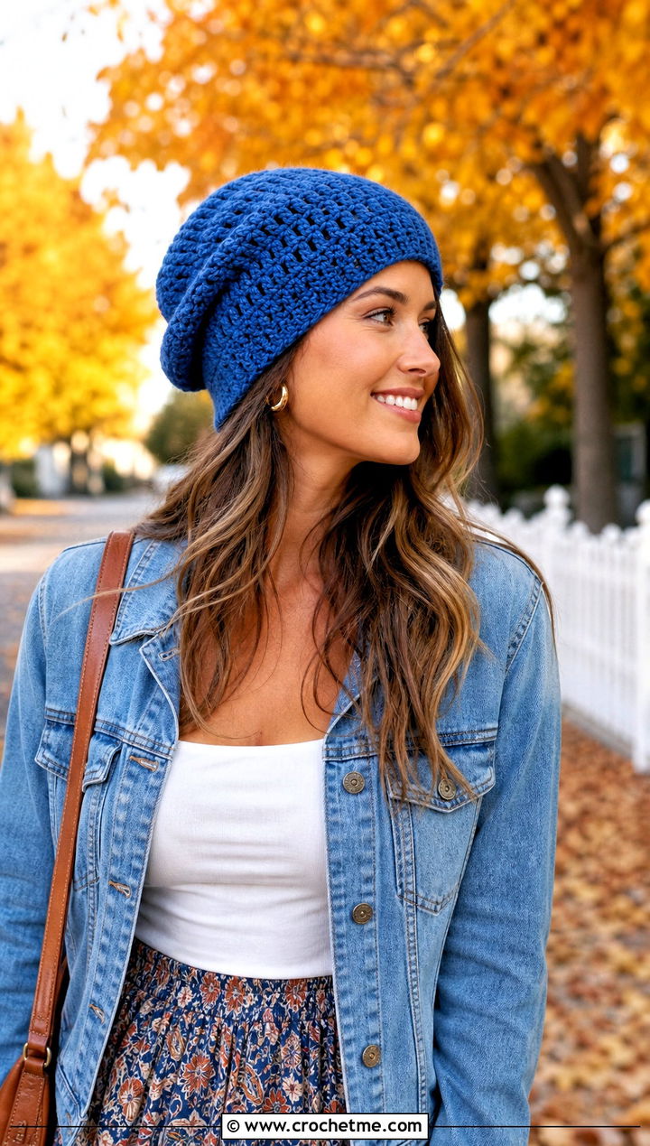 Slouchy Crochet Beanie With Denim Jacket And Maxi Skirt - 20 Boho Crochet Beanie outfit ideas