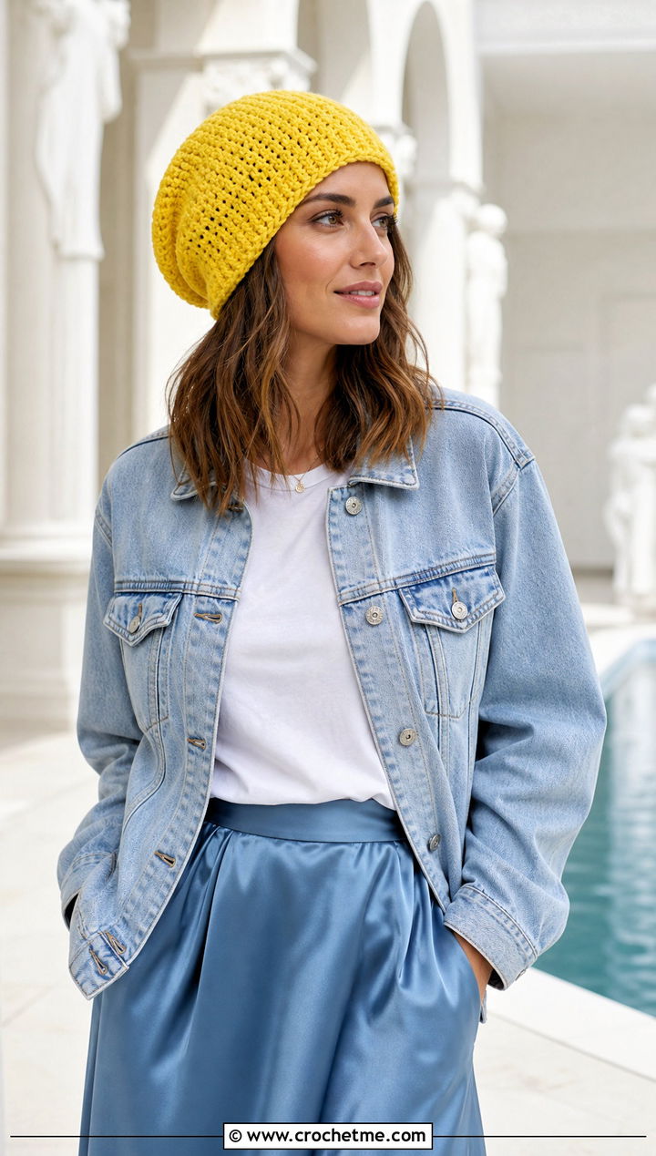 Slouchy Crochet Beanie With Denim Jacket And Maxi Skirt - 25 Fast Crochet Beanie outfit ideas