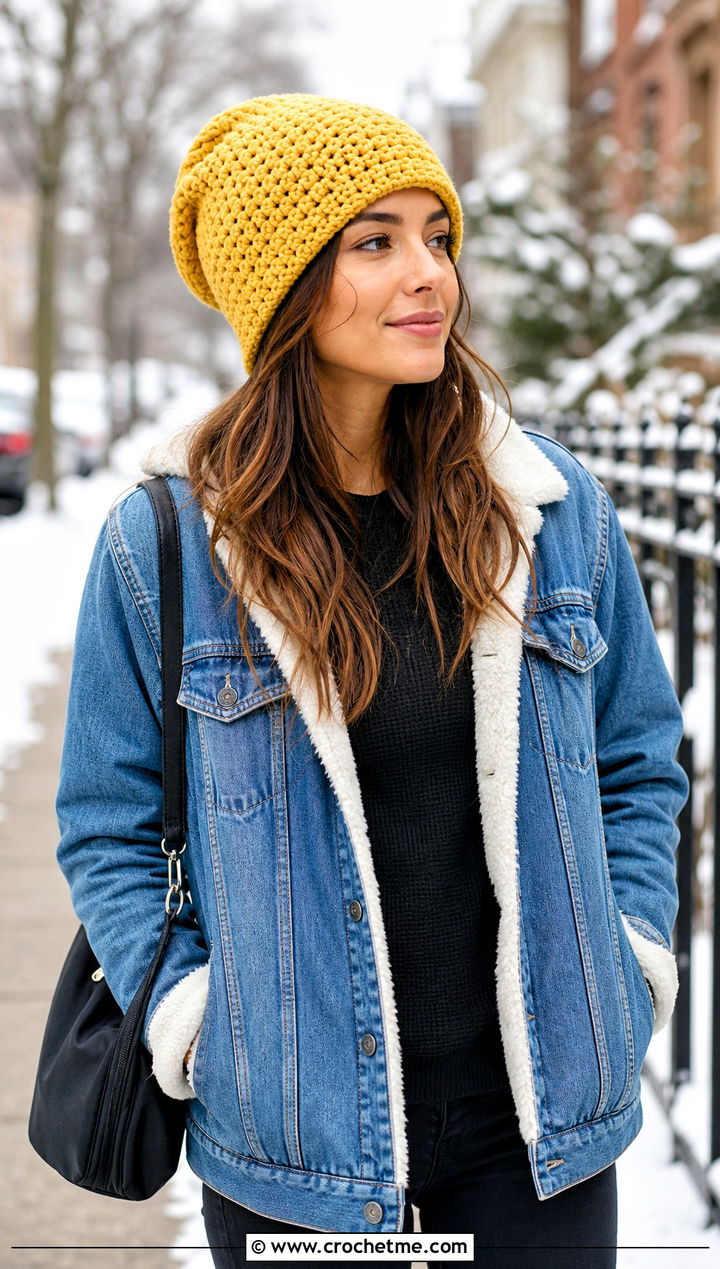 Slouchy Crochet Beanie With Denim Jacket - 30 winter crochet hats outfit ideas