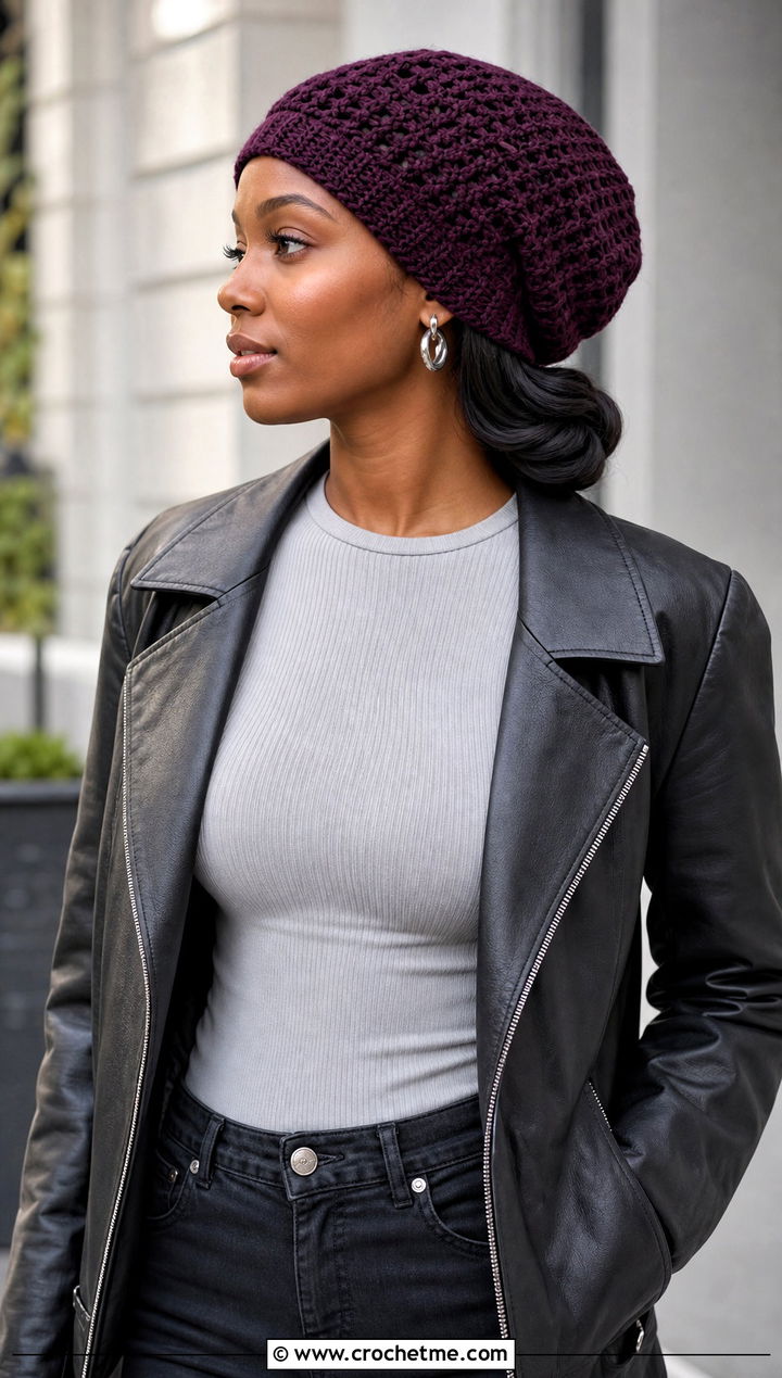Slouchy Crochet Beanie With Faux Leather Jacket - 30 crochet hats black women outfit ideas