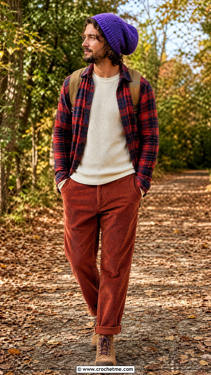 Slouchy Crochet Beanie With Flannel Shirt And Corduroy Pants - 35 crochet hat men outfit ideas