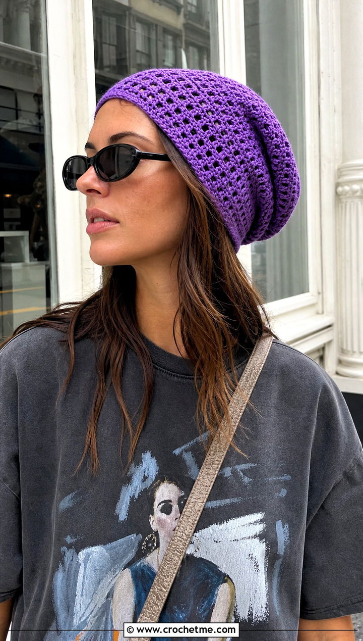 Slouchy Crochet Beanie With Graphic Tee And Cargo Pants - 30 summer crochet beanie outfit ideas