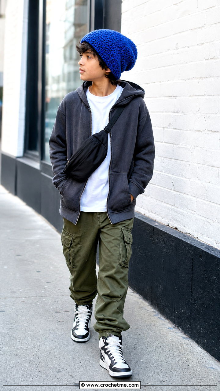 Slouchy Crochet Beanie With Hoodie And Cargo Pants - 35 childrens crochet hats outfit ideas