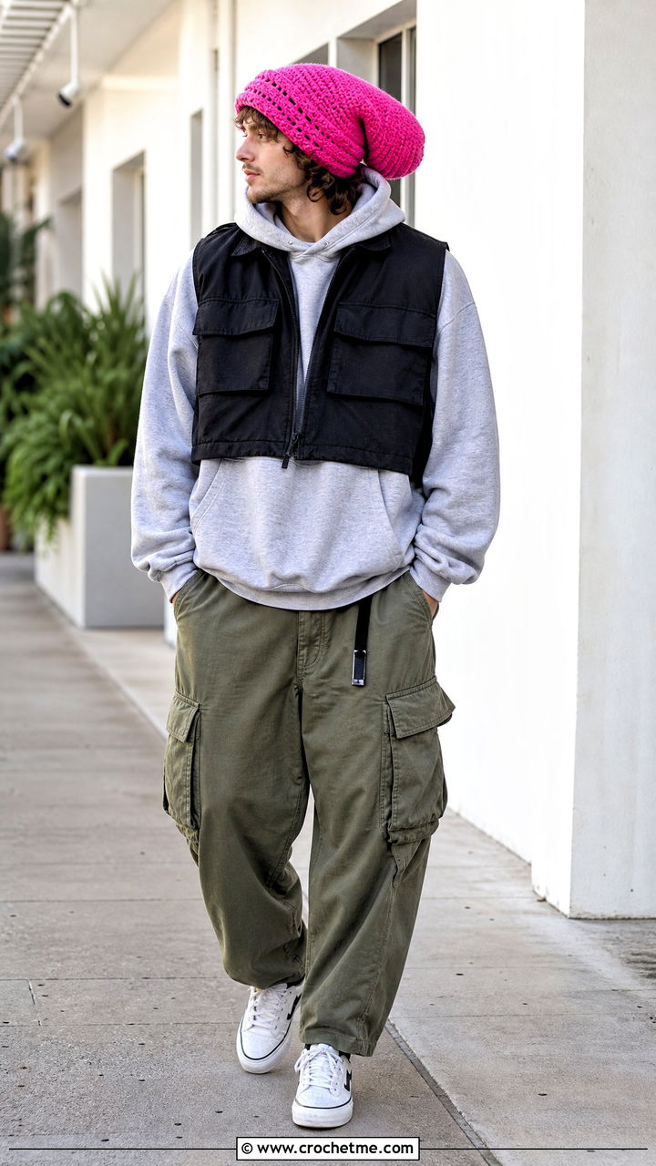 Slouchy Crochet Beanie With Hoodie And Cargo Pants - 35 crochet beanie for men outfit ideas
