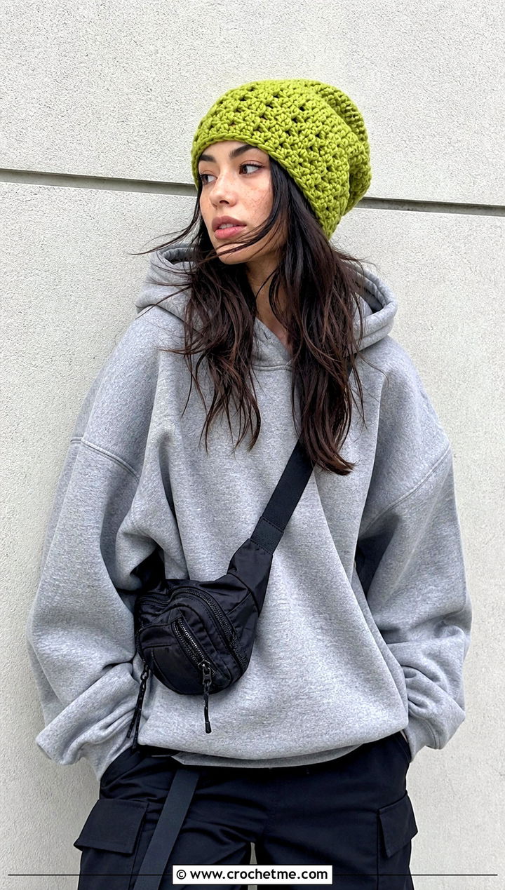 Slouchy Crochet Beanie With Hoodie And Cargo Pants - 25 Cool Crochet Hat outfit ideas