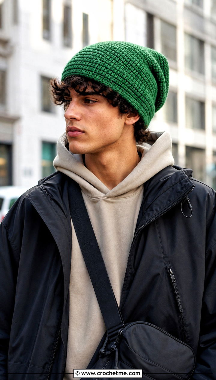 Slouchy Crochet Beanie With Hoodie And Cargo Pants - 25 crochet for men's beanies outfit ideas