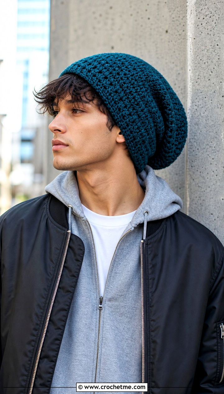 Slouchy Crochet Beanie With Hoodie And Cargo Pants - 15 Easy Crochet Mens Hat outfit ideas