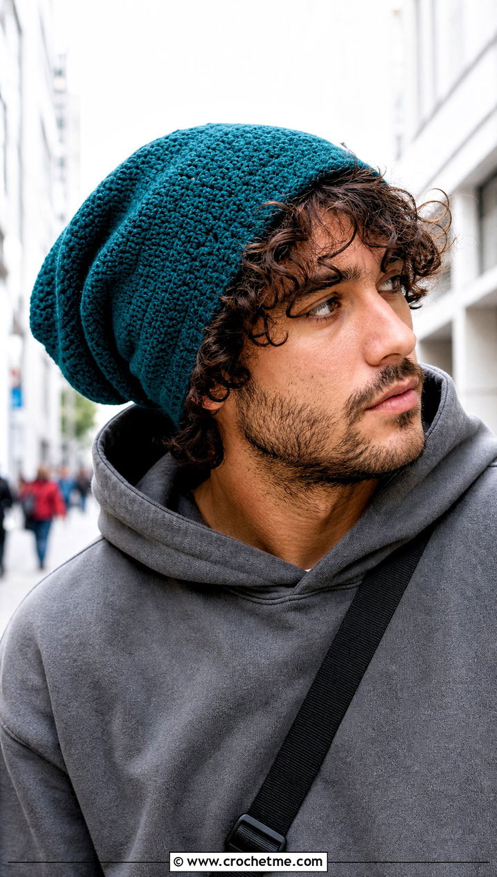 Slouchy Crochet Beanie With Hoodie And Cargo Pants - 25 crocheted mens hats outfit ideas