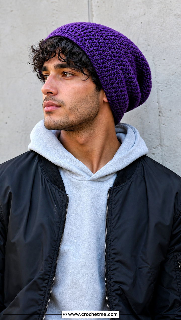 Slouchy Crochet Beanie With Hoodie - 25 easy crochet beanie for men outfit ideas