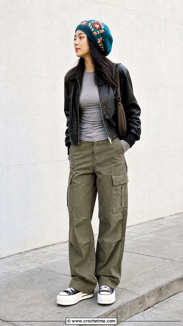 Slouchy Crochet Beanie With Leather Bomber And Cargo Pants - 35 crochet winter hat outfit ideas