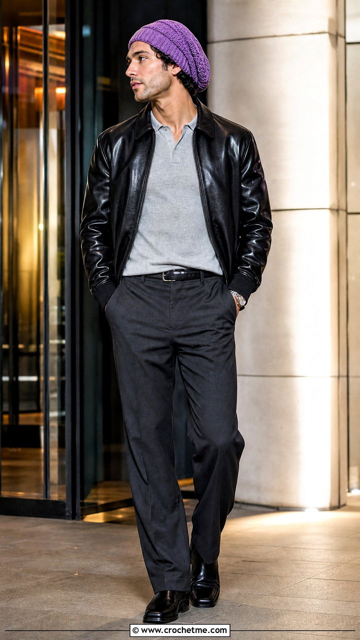 Slouchy Crochet Beanie With Leather Bomber Jacket - 35 men's crochet hat outfit ideas
