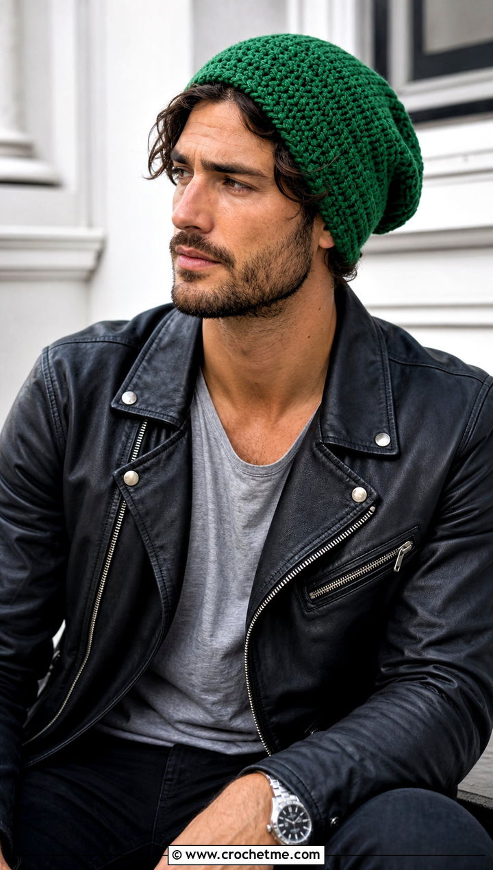 Slouchy Crochet Beanie With Leather Jacket - 30 crochet man beanie outfit ideas