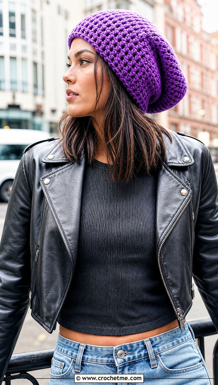 Slouchy Crochet Beanie With Leather Jacket - 35 one piece crochet hat outfit ideas