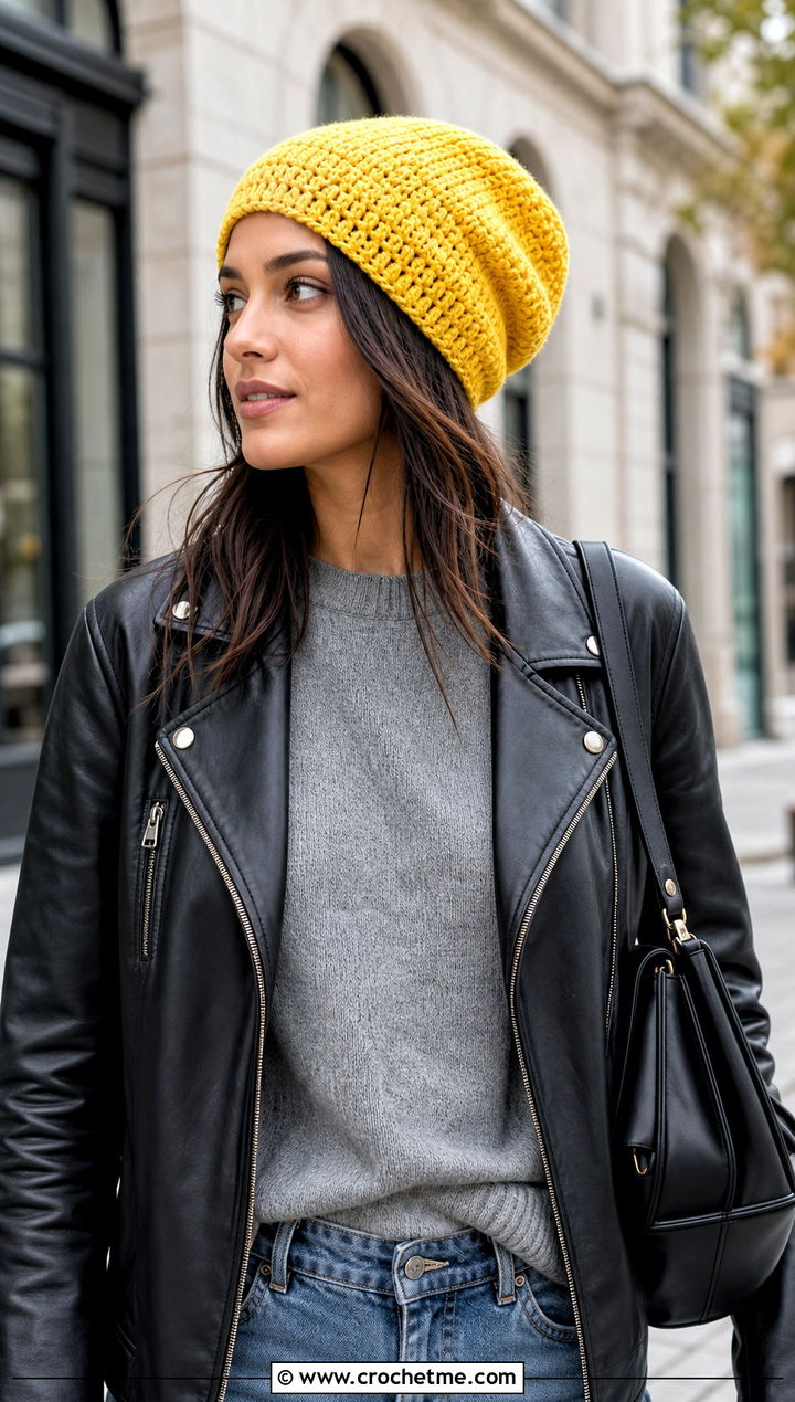 Slouchy Crochet Beanie With Leather Jacket - 25 3 Weight Yarn Crochet Beanie outfit ideas