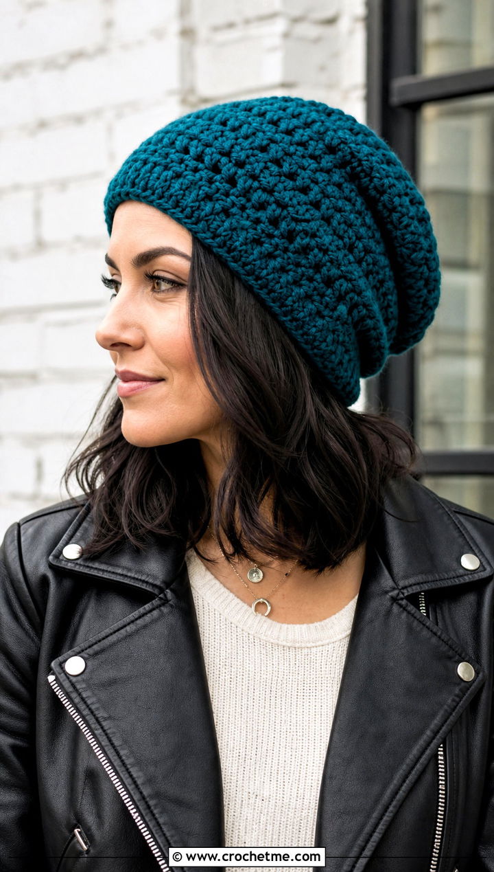 Slouchy Crochet Beanie With Leather Jacket - 25 crochet hat for beginners outfit ideas