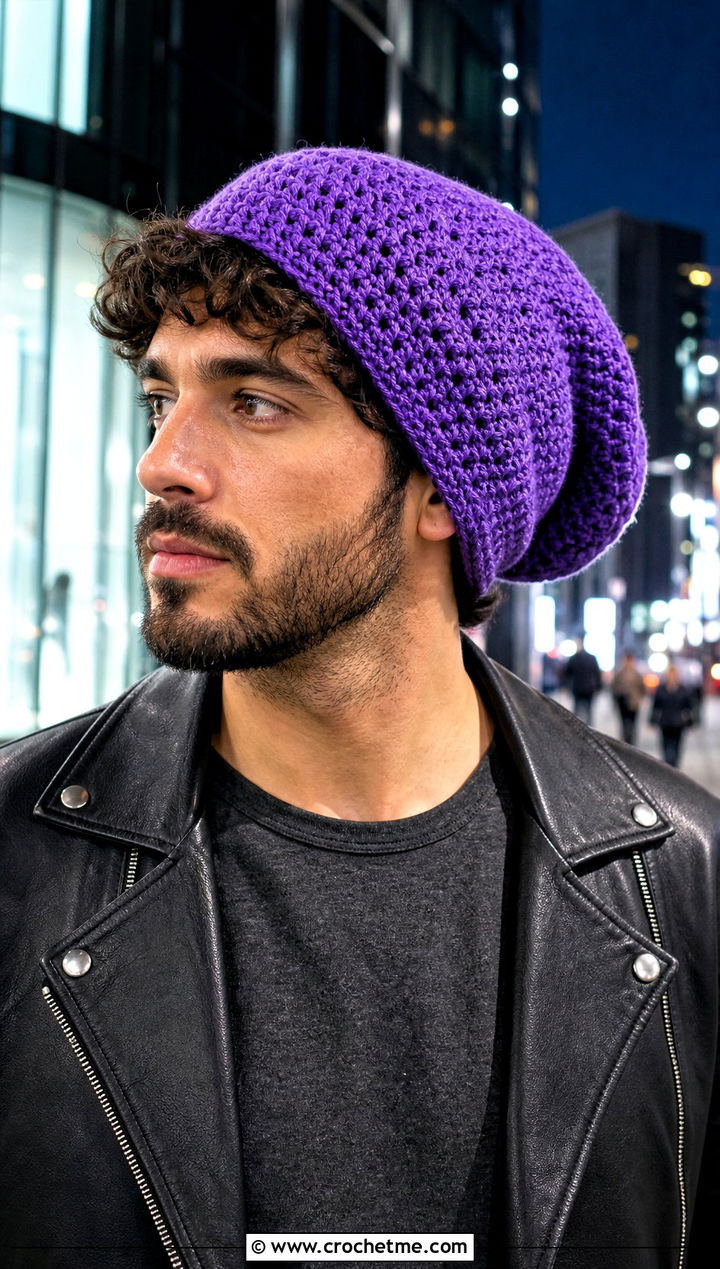 Slouchy Crochet Beanie With Leather Jacket - 25 crochet hat ideas for men