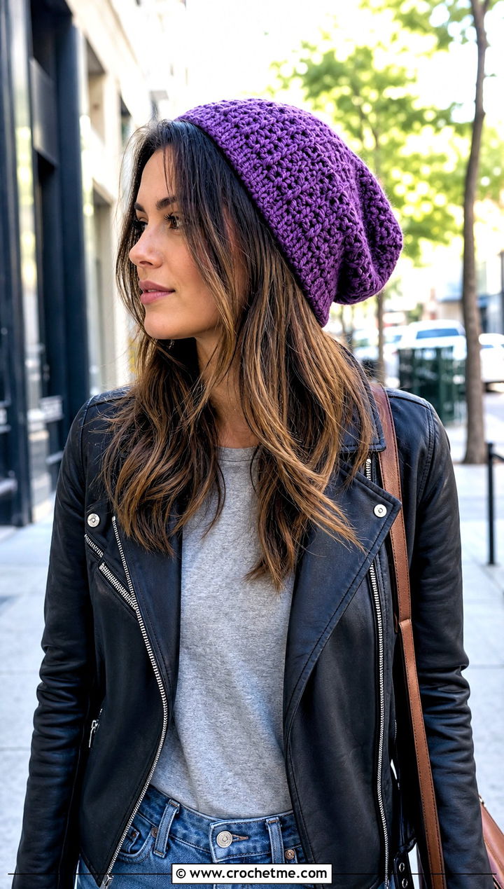 Slouchy Crochet Beanie With Leather Jacket - 25 crocheted hat outfit ideas