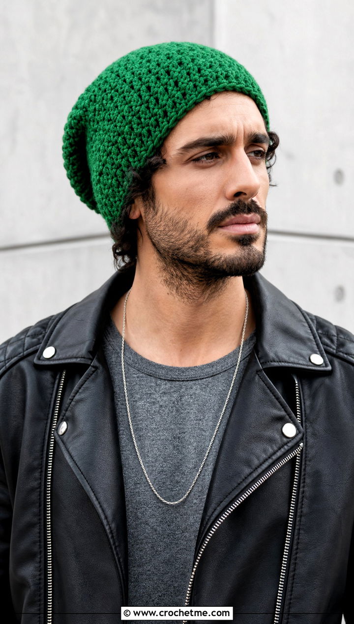 Slouchy Crochet Beanie With Leather Jacket - 25 Easy Mens Crochet Beanie outfit ideas