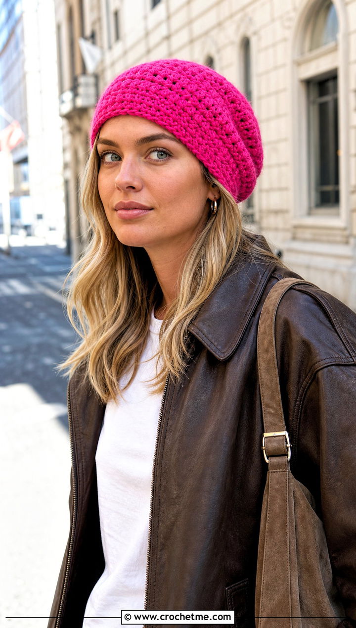 Slouchy Crochet Beanie With Leather Jacket - 25 easy simple crochet hats for beginners outfit ideas