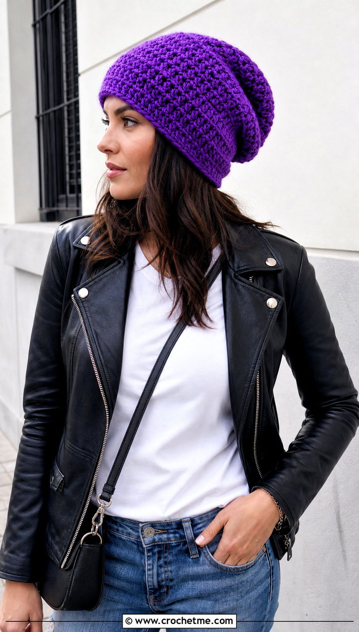Slouchy Crochet Beanie With Leather Jacket - 25 Women Crochet Beanie outfit ideas