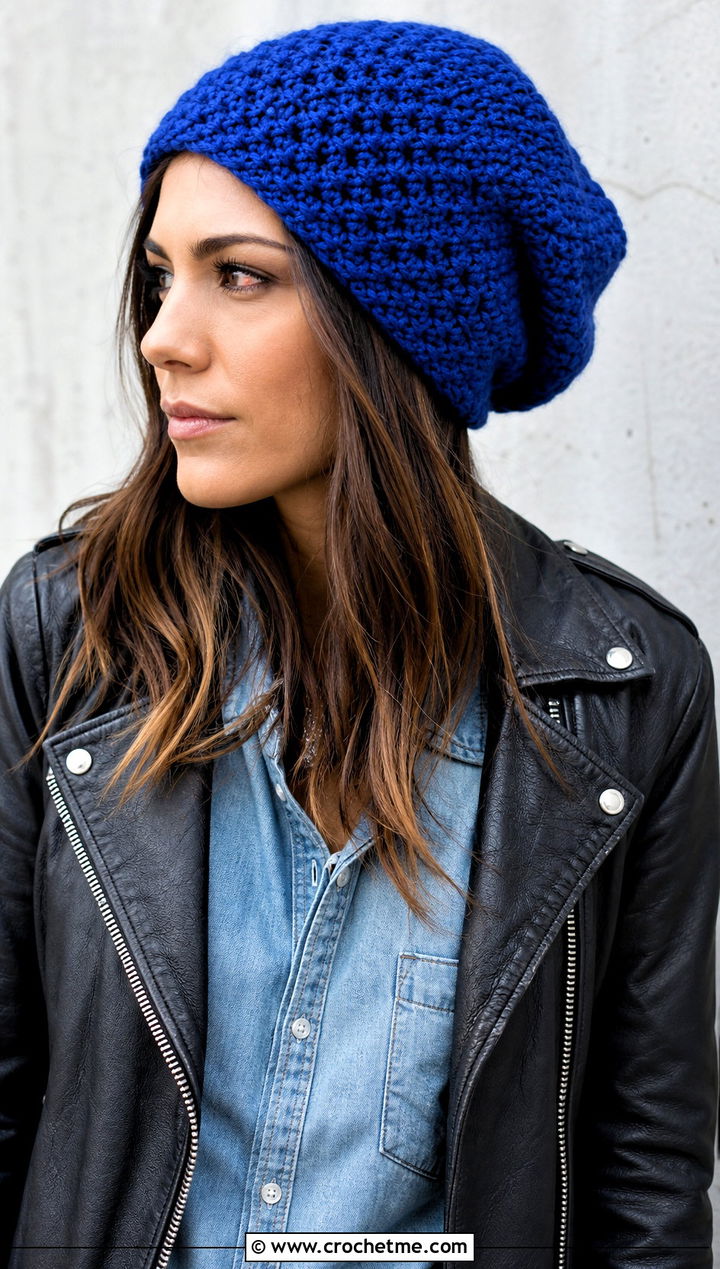 Slouchy Crochet Beanie With Leather Jacket - 15 crochet beany hat outfit ideas