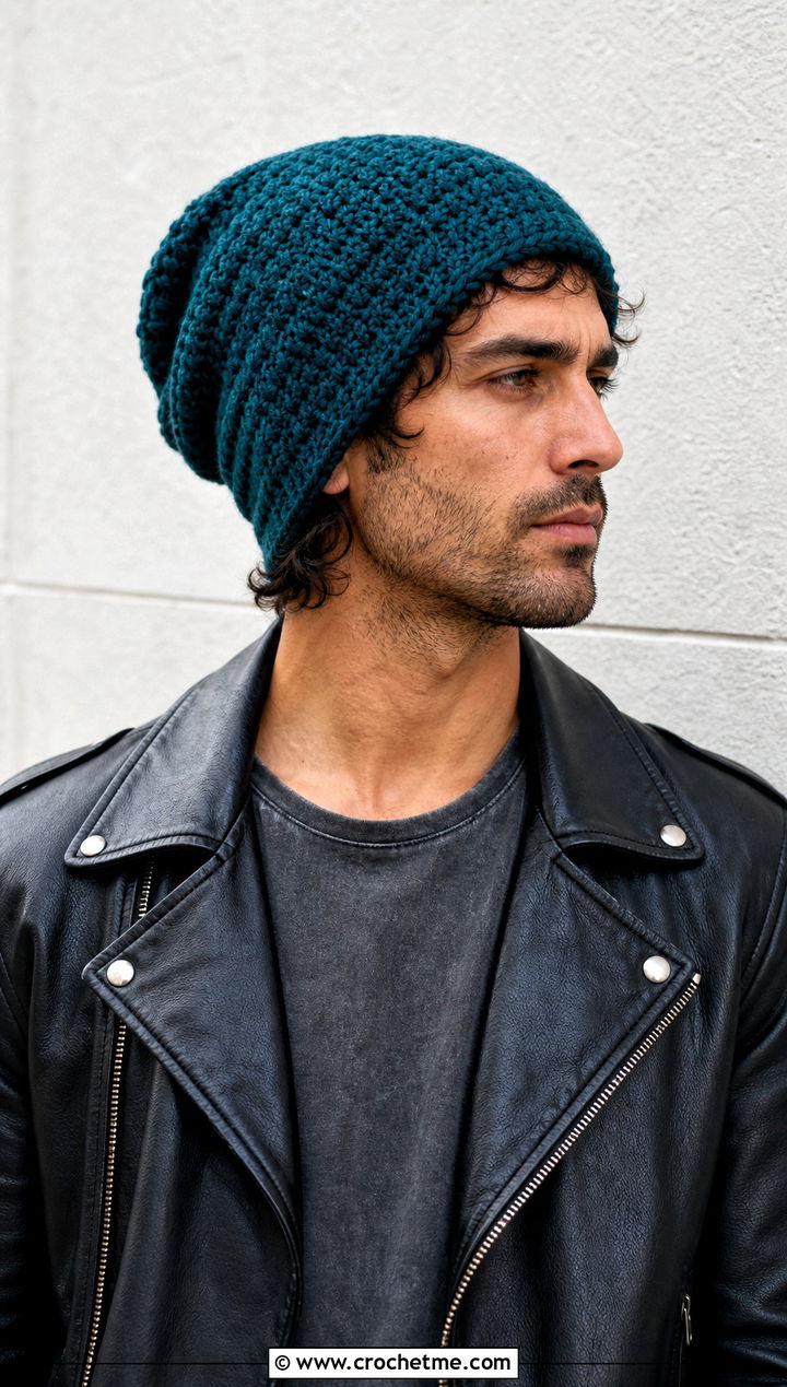 Slouchy Crochet Beanie With Leather Jacket - 15 Crochet Men's Hats outfit ideas