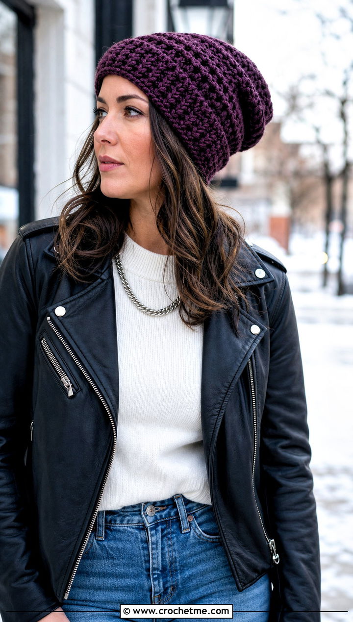 Slouchy Crochet Beanie With Leather Jacket - 15 diy crochet winter hat outfit ideas