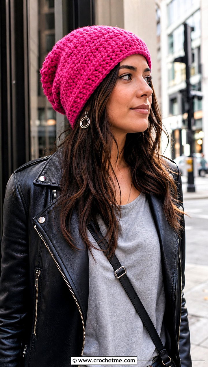Slouchy Crochet Beanie With Leather Jacket - 15 Fun Crochet Hats For Adults outfit ideas