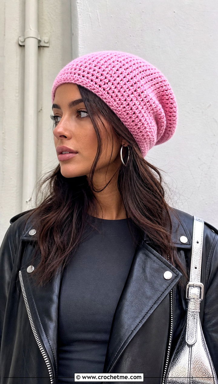 Slouchy Crochet Beanie With Leather Jacket - 30 knit look crochet beanie outfit ideas