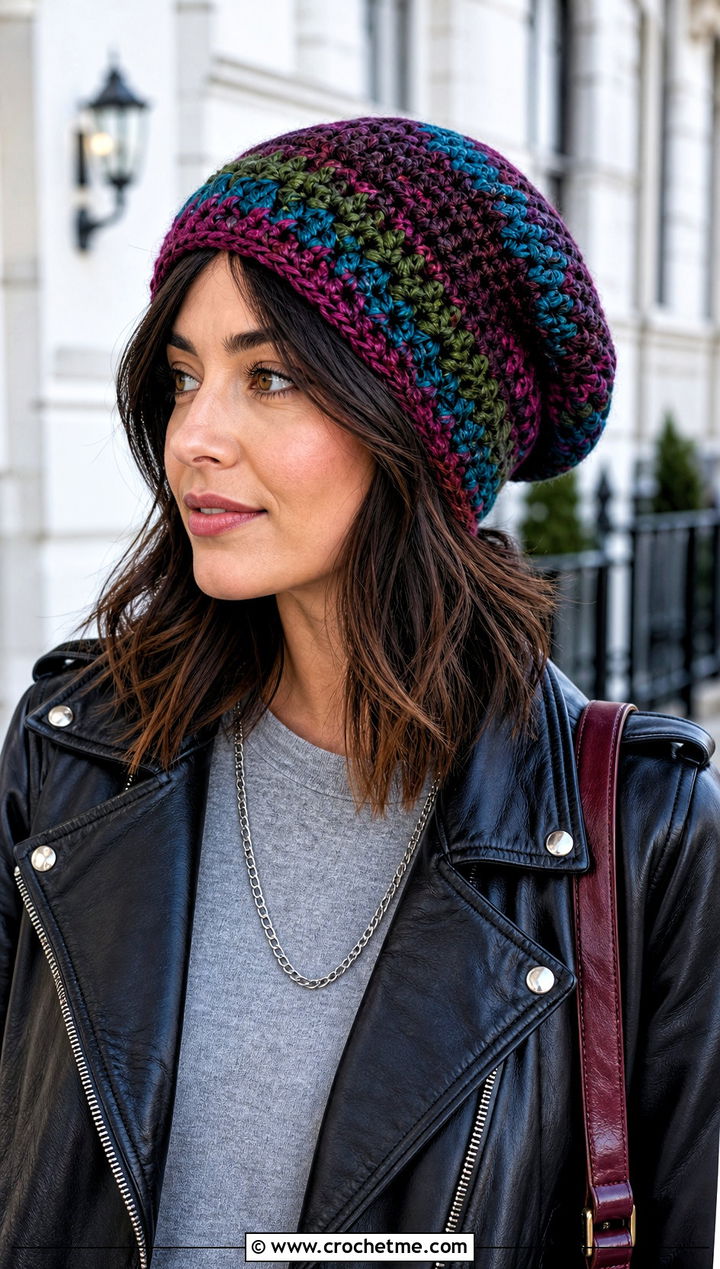 Slouchy Crochet Beanie With Leather Jacket - 15 multi color crochet hat outfit ideas