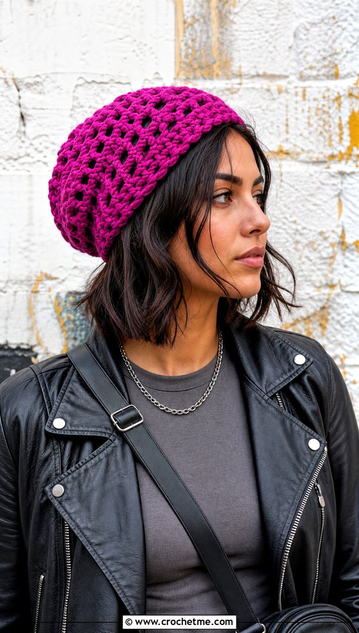 Slouchy Crochet Beanie With Leather Jacket - 20 Best Crochet Hat outfit ideas