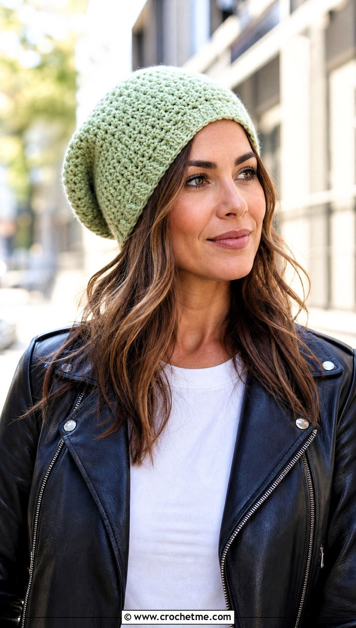 Slouchy Crochet Beanie With Leather Jacket - 20 Cool Crochet Hat Ideas