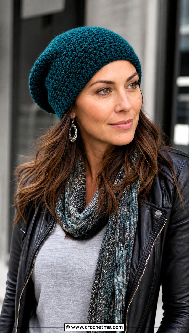 Slouchy Crochet Beanie With Leather Jacket - 20 Warm Crochet Hat outfit ideas