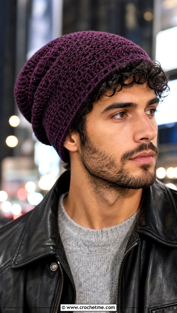 Slouchy Crochet Beanie With Leather Jacket - 30 male crochet hat outfit ideas