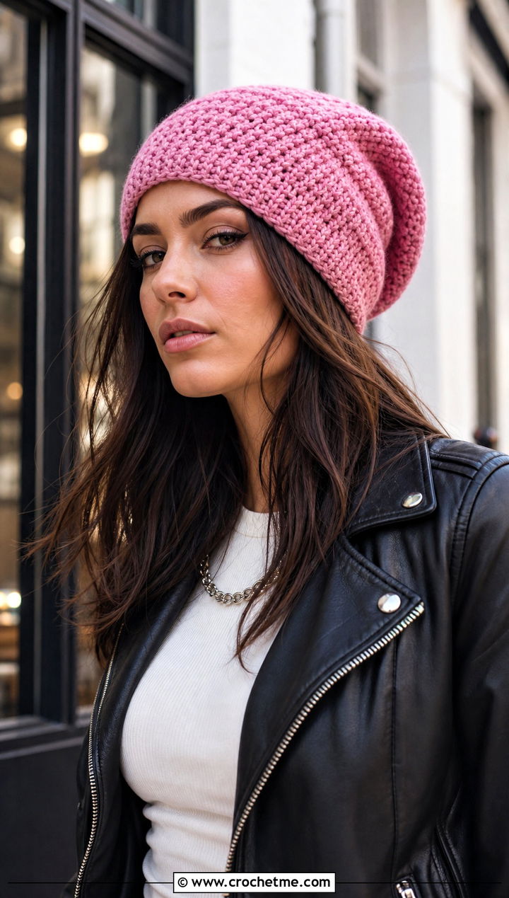 Slouchy Crochet Beanie With Leather Jacket - 35 basic crochet beanie outfit ideas