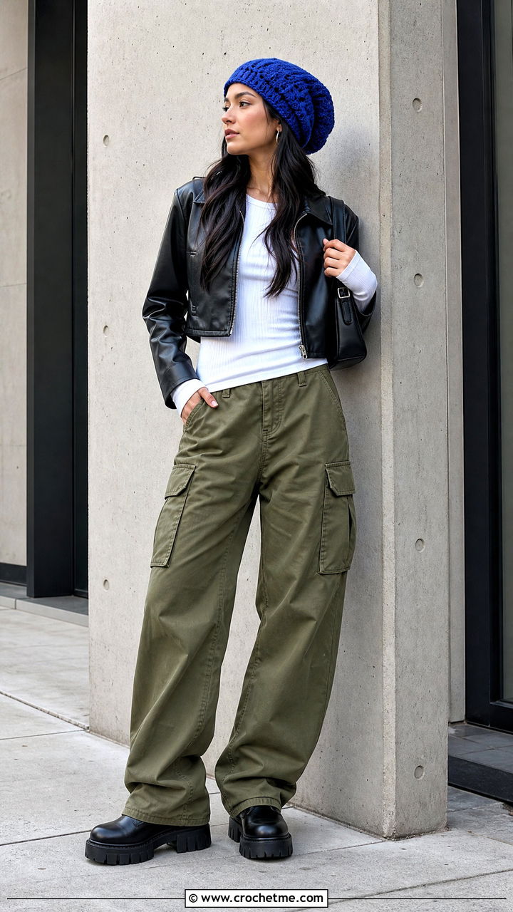 Slouchy Crochet Beanie With Leather Jacket And Cargo Pants - 35 crochet beanie hat outfit ideas