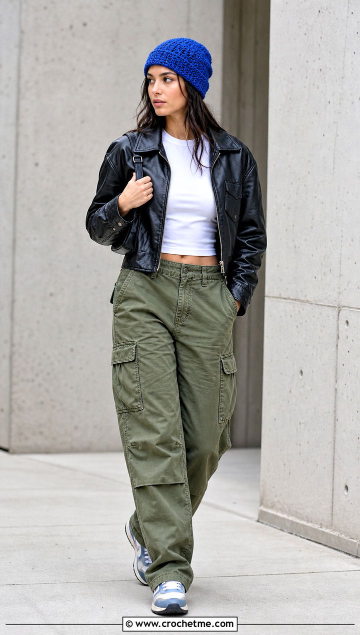 Slouchy Crochet Beanie With Leather Jacket And Cargo Pants - 35 crocheted beanies outfit ideas