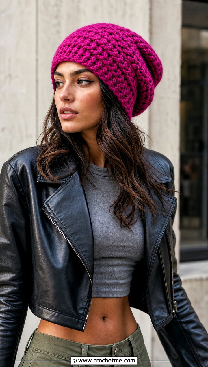 Slouchy Crochet Beanie With Leather Jacket And Cargo Pants - 15 Crochet Beanie All Sizes outfit ideas