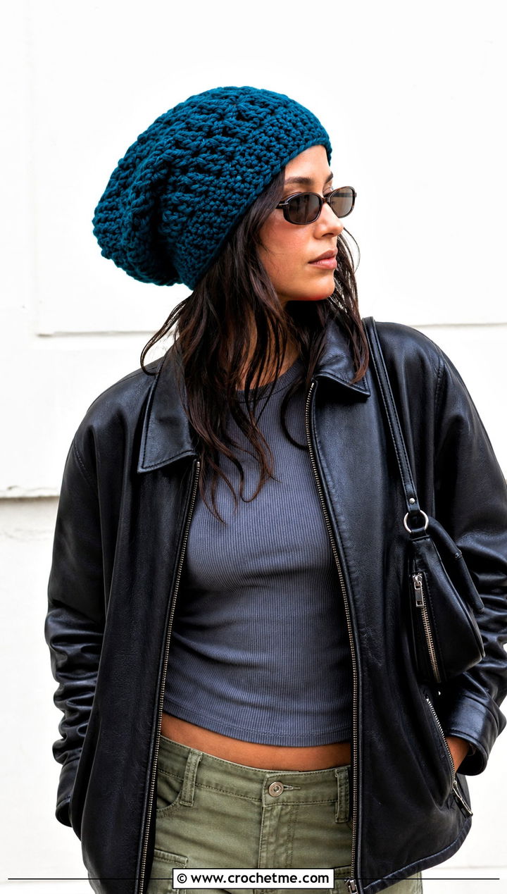 Slouchy Crochet Beanie With Leather Jacket And Cargo Pants - 15 Crochet Beanie Bucket Hat outfit ideas