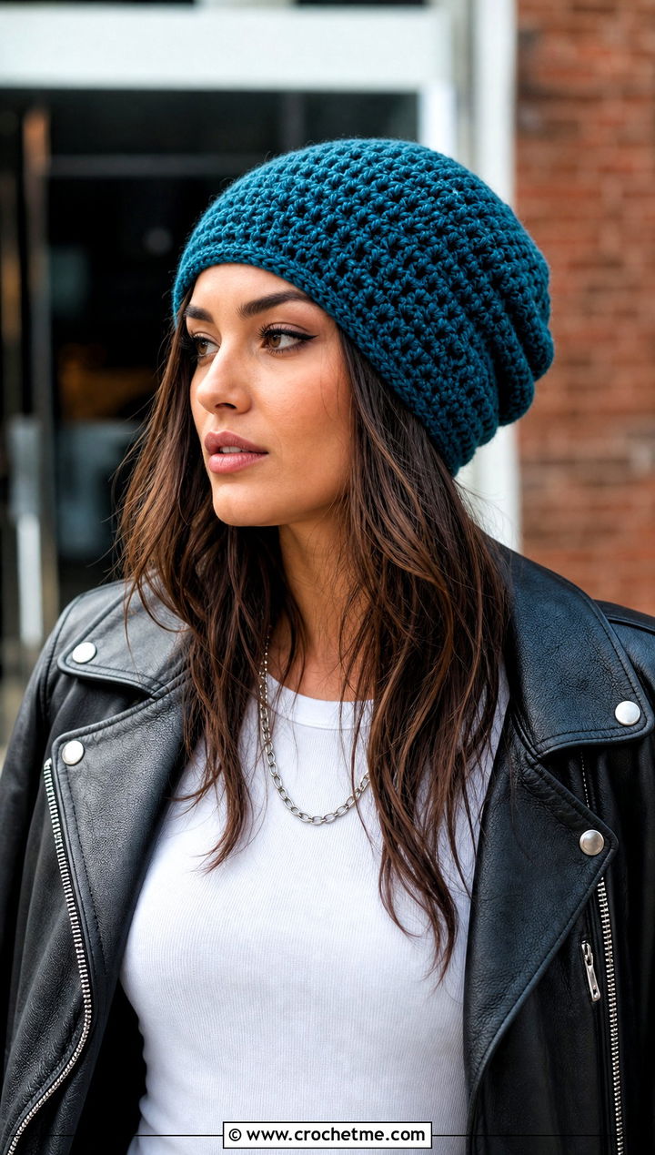 Slouchy Crochet Beanie With Leather Jacket And Cargo Pants - 15 Easy Crochet Beanies For Beginners outfit ideas