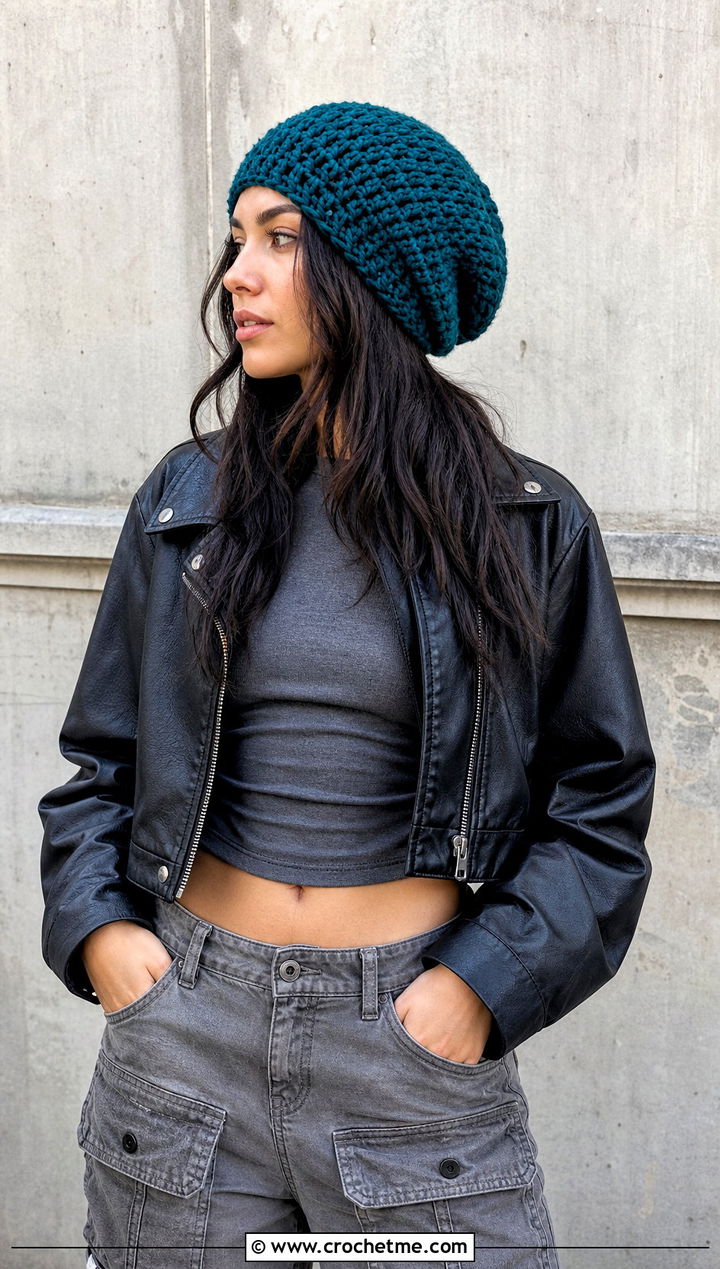 Slouchy Crochet Beanie With Leather Jacket And Cargo Pants - 15 Easy Crochet Hats For Women outfit ideas